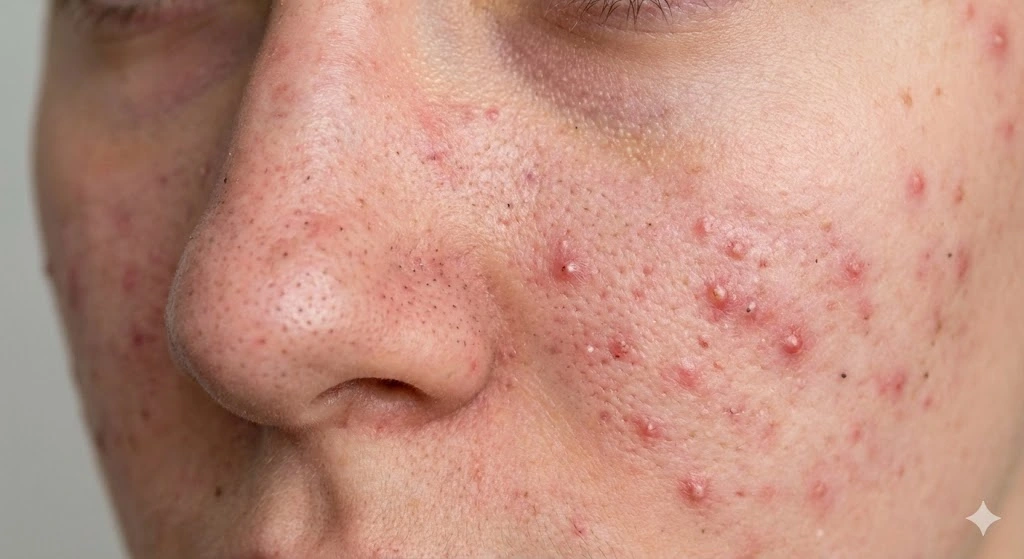 Piel con acné y puntos negros antes del tratamiento