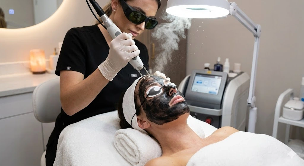 Tratamiento Hollywood Peel con mascarilla de carbón activo en rostro