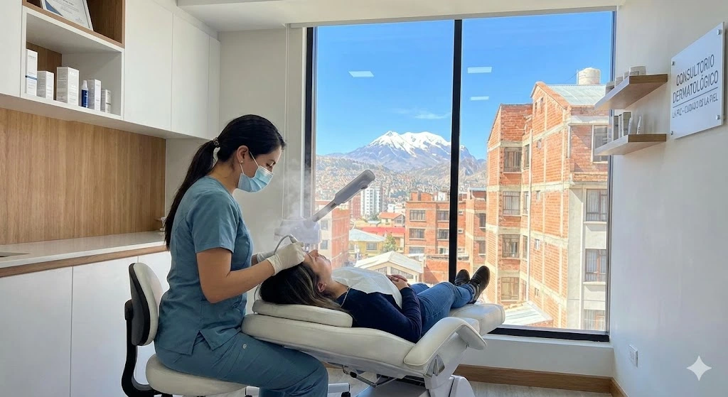 Paciente recibiendo limpieza facial profunda con vapor ozono en La Paz